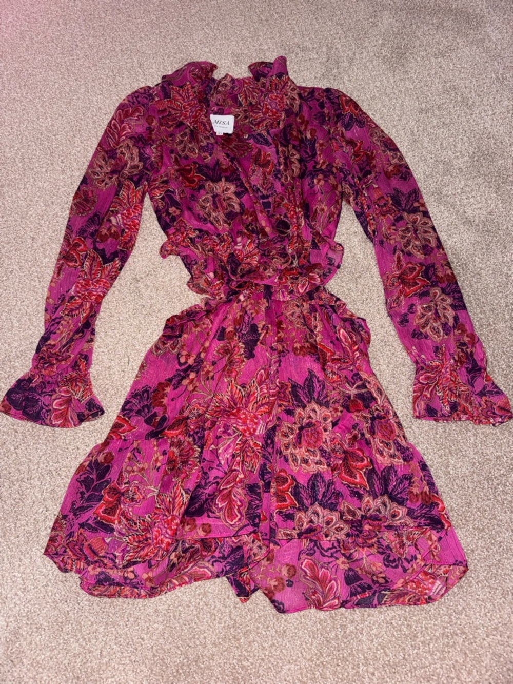 MISA Los Angels Floral Ruffle Cut Out Romper in Magenta Pink